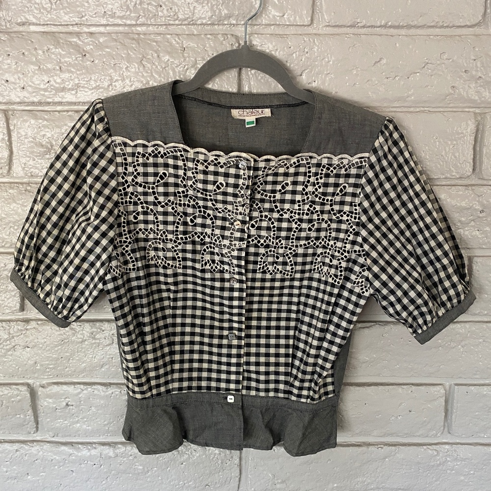 Vintage 80's Chambray and Gingham Eyelet Blouse with mini peplum.